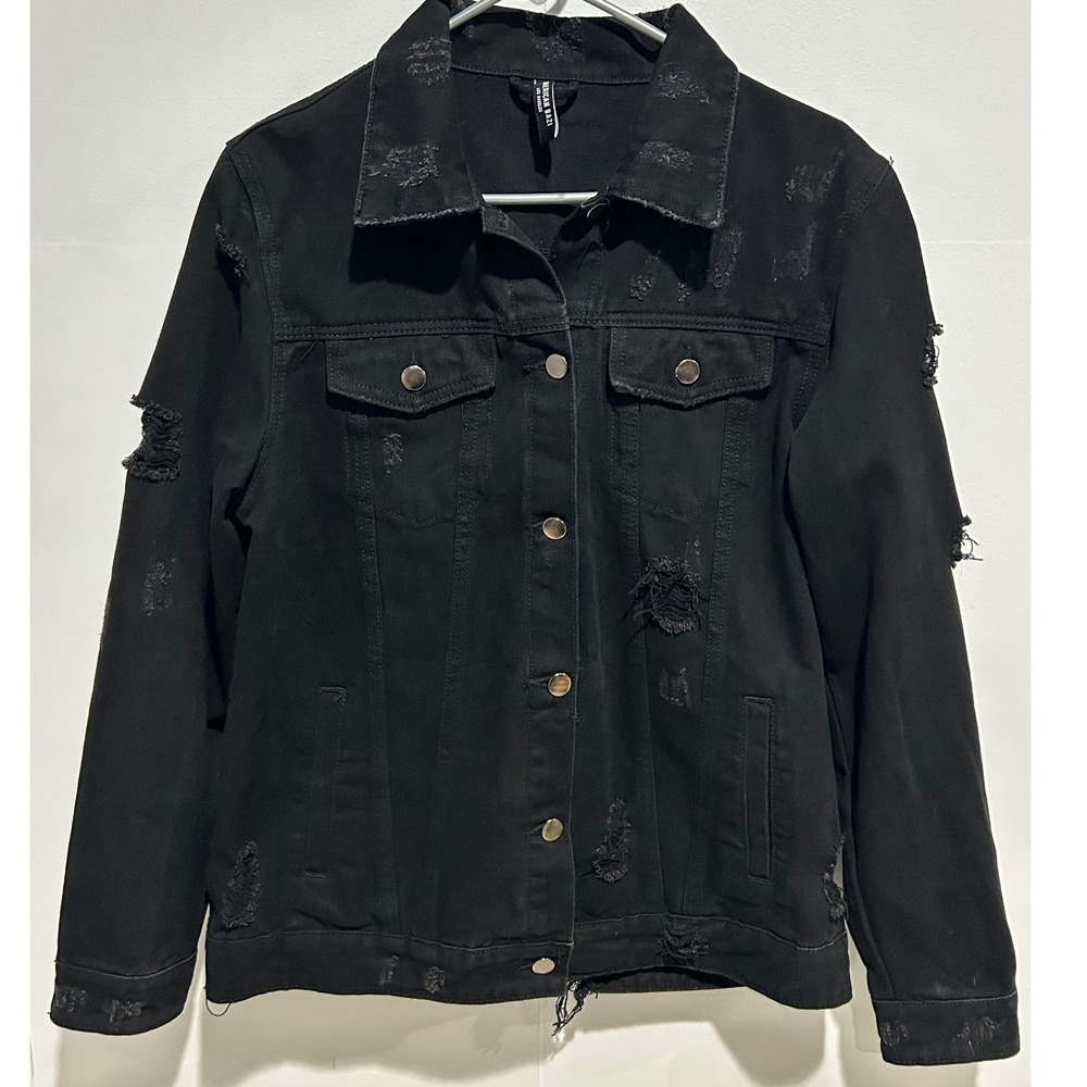 Black Distressed Ripped Denim Jacket Small Fashion Tour Streetwear Grunge Punk